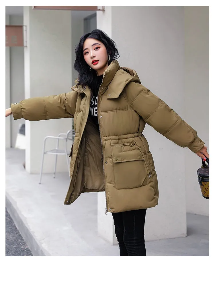Hooded Drawstring Waist-tight Large Pocket Thermal Cotton-padded Clothes Women