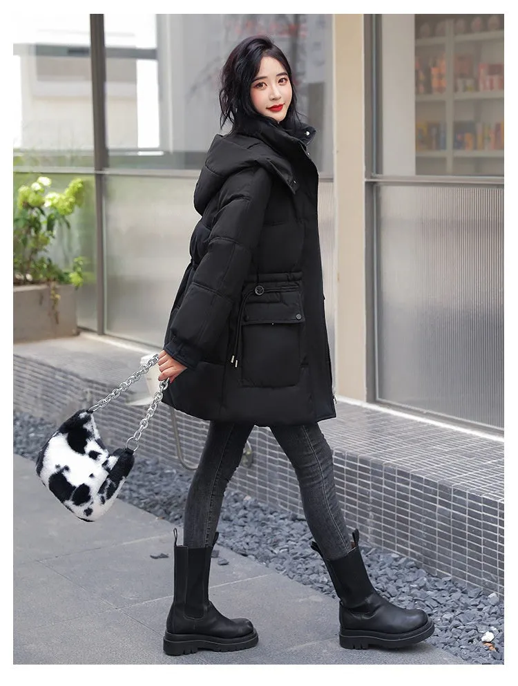 Hooded Drawstring Waist-tight Large Pocket Thermal Cotton-padded Clothes Women
