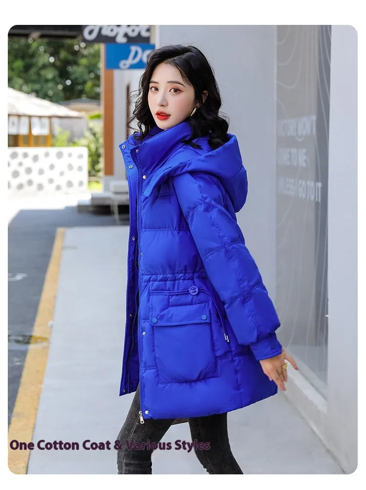 Hooded Drawstring Waist-tight Large Pocket Thermal Cotton-padded Clothes Women