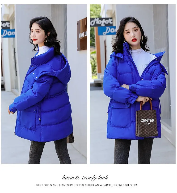 Hooded Drawstring Waist-tight Large Pocket Thermal Cotton-padded Clothes Women