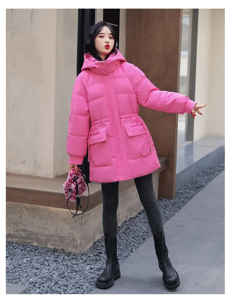 Hooded Drawstring Waist-tight Large Pocket Thermal Cotton-padded Clothes Women