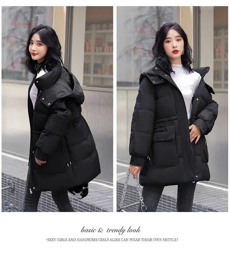 Hooded Drawstring Waist-tight Large Pocket Thermal Cotton-padded Clothes Women