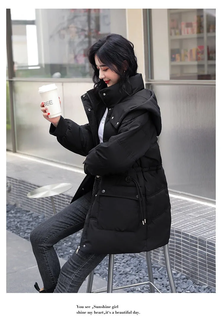 Hooded Drawstring Waist-tight Large Pocket Thermal Cotton-padded Clothes Women