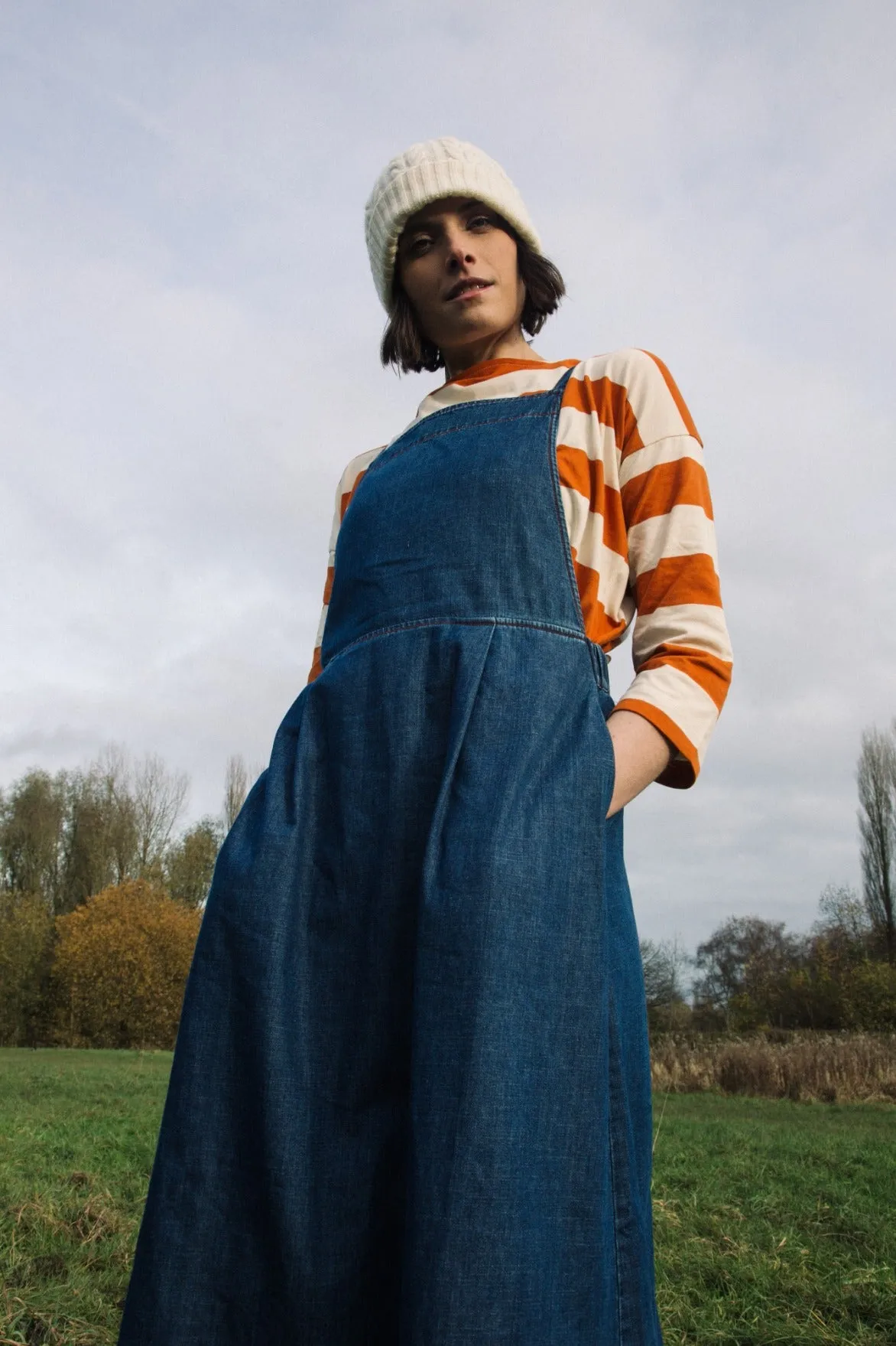 Katana-Leigh Organic Cotton Denim Pinafore Dress in Mid Blue