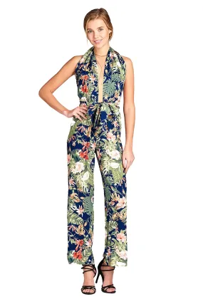Khanomak Plunging Halter Neckline Self Tie Floral Print Wide Flare Leg Jumpsuit