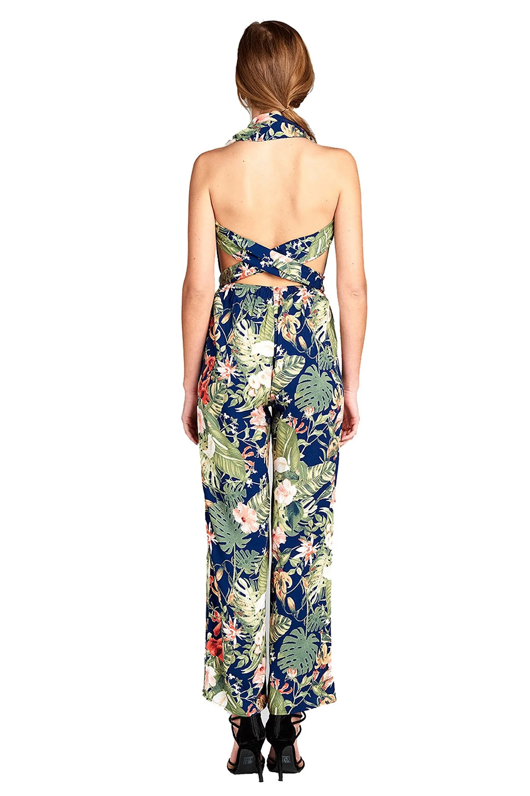 Khanomak Plunging Halter Neckline Self Tie Floral Print Wide Flare Leg Jumpsuit