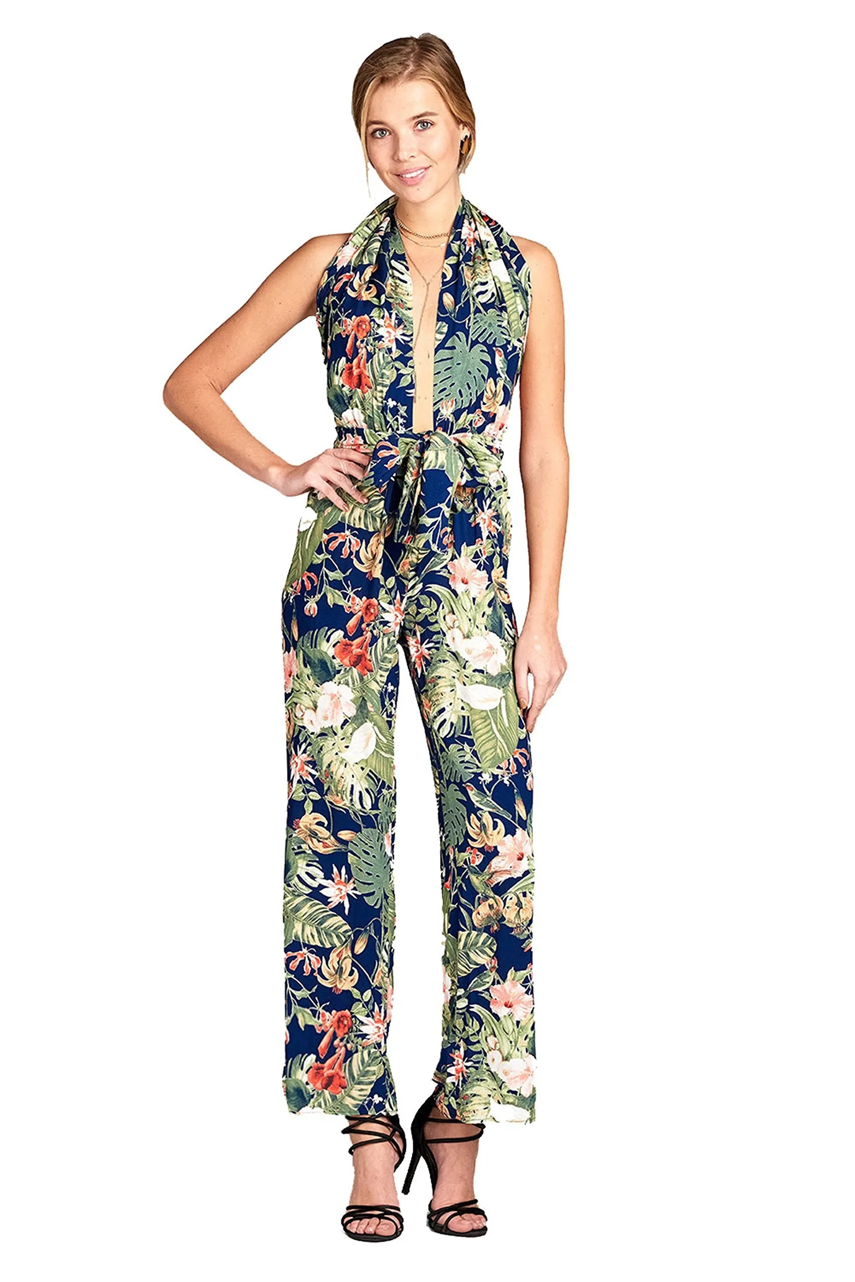 Khanomak Plunging Halter Neckline Self Tie Floral Print Wide Flare Leg Jumpsuit
