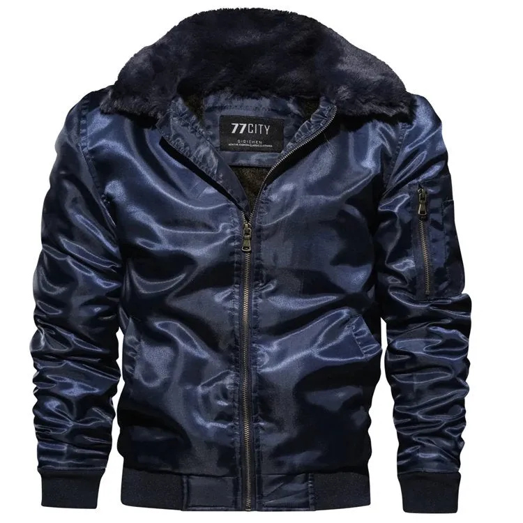 Men's Winter Warm Thick Thermal Cotton Down Bomber With Fur Collar