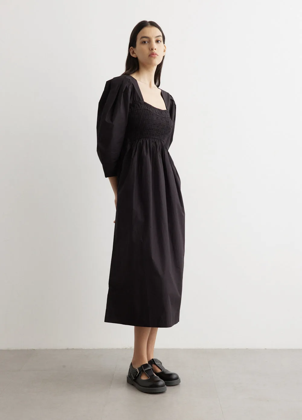 Open-Neck Smock Long Dress