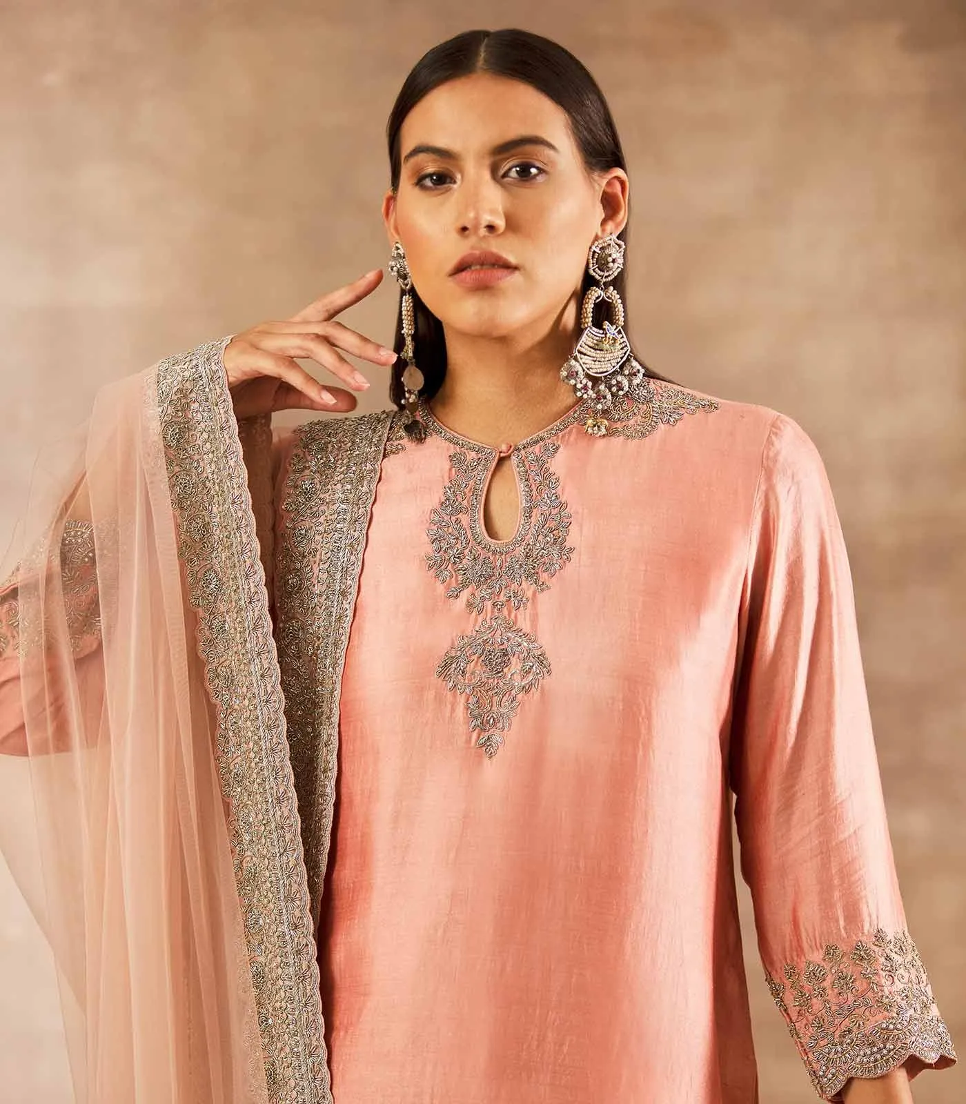 Peach Embroidered Tunic Set