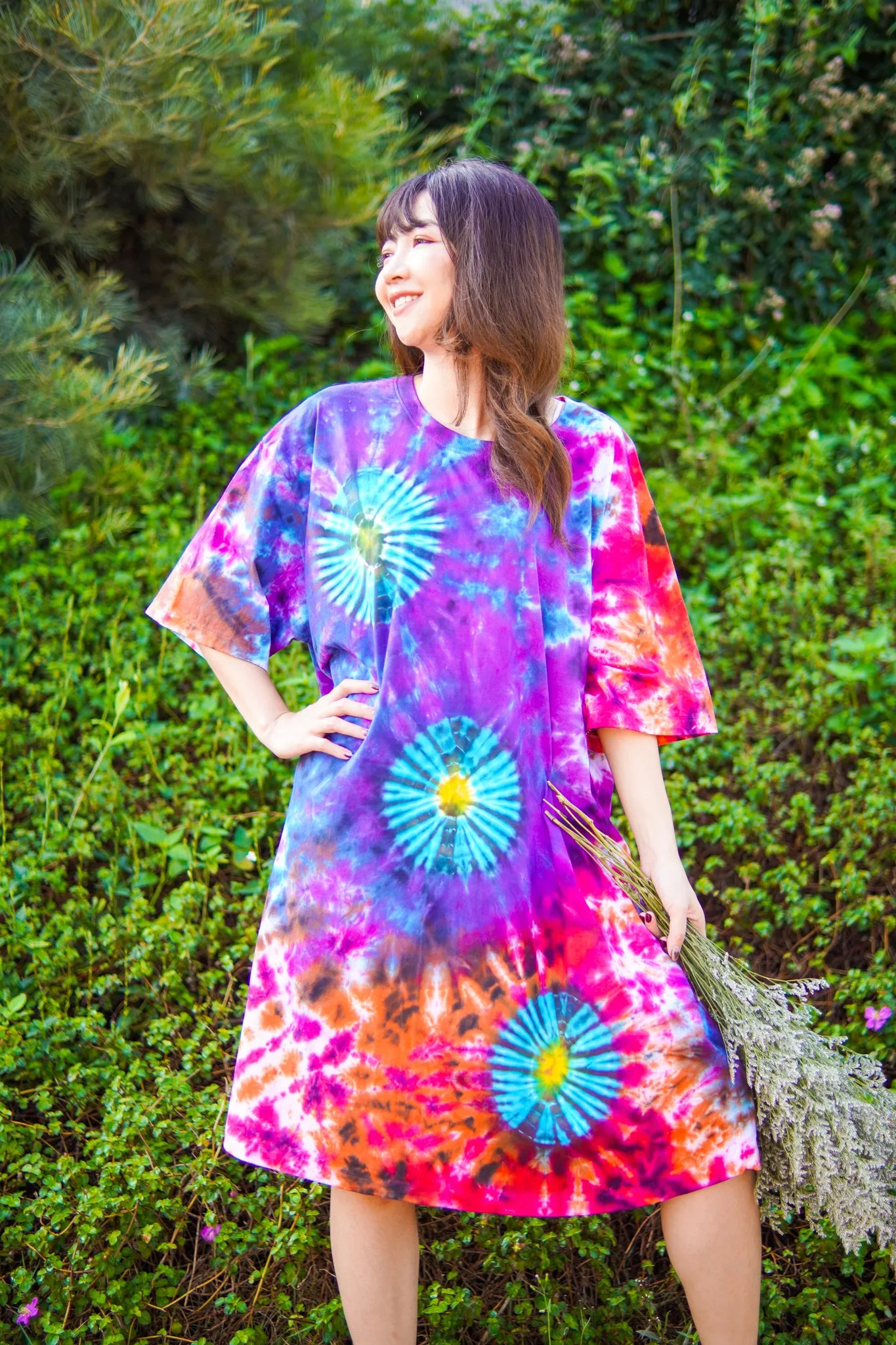 Rainbow Firecracker Hand Dyed Boho Cotton Dress with Pockets
