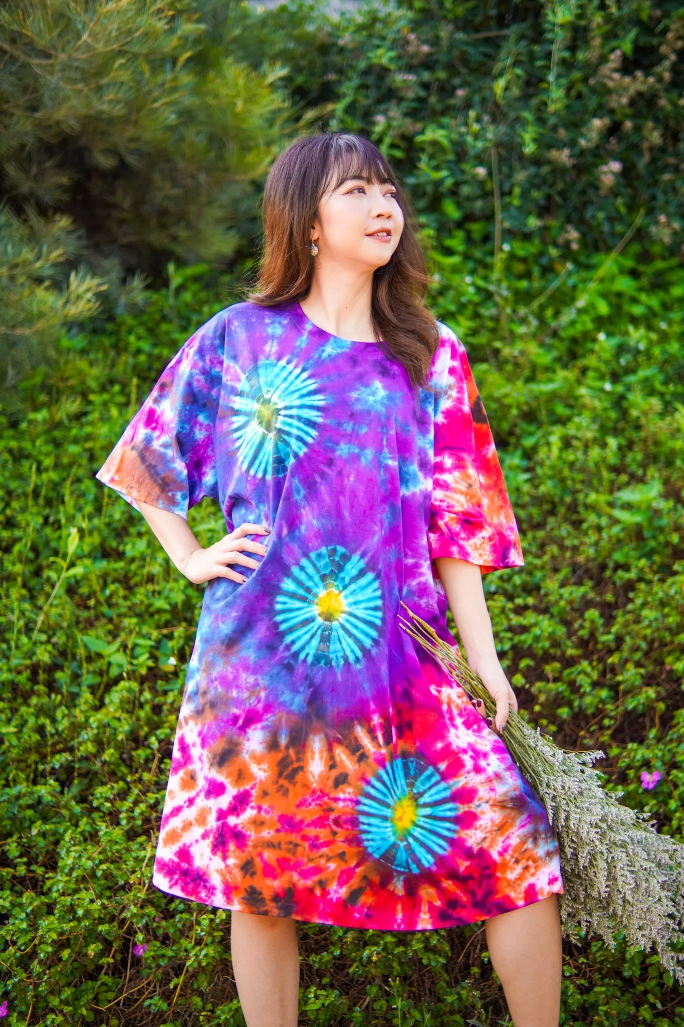 Rainbow Firecracker Hand Dyed Boho Cotton Dress with Pockets